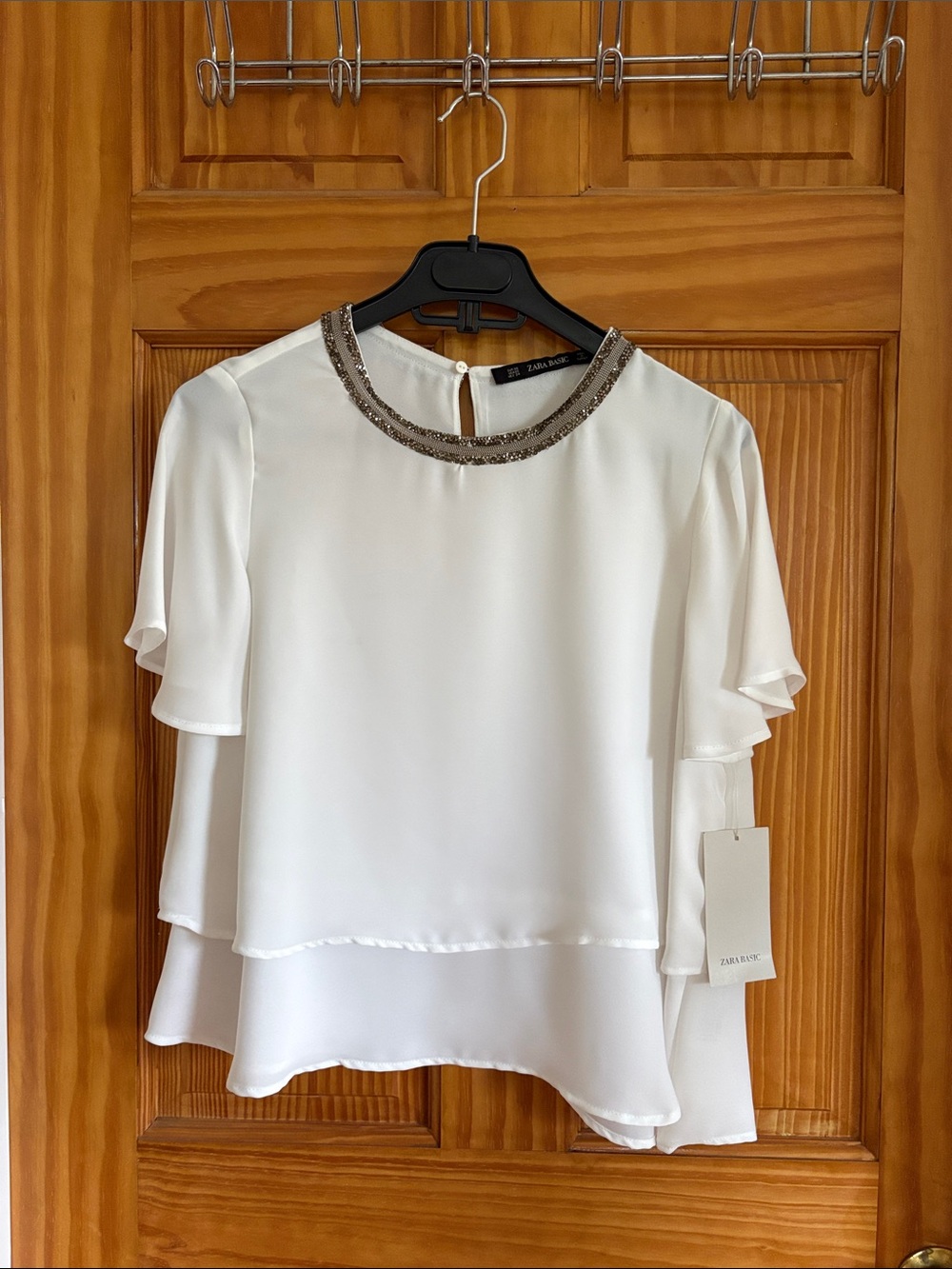 NWT Zara White Layered Blouse with Metallic Beaded Collar